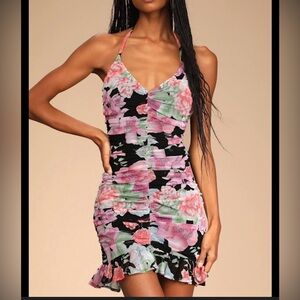 Lulus Blooming Radiance Black Floral Print Ruched Halter Mini Dress